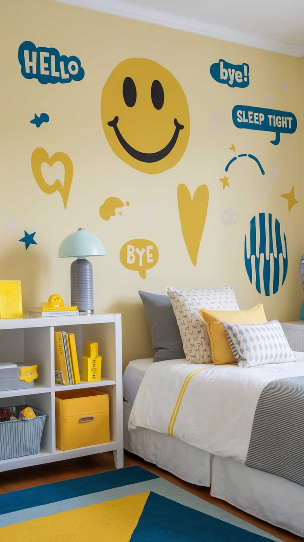 A bedroom with yellow wall decals featuring a smiley face and playful phrases.