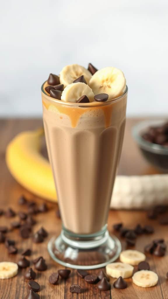 A delicious Choco-Banana Coffee Shake topped with banana slices and chocolate chips.