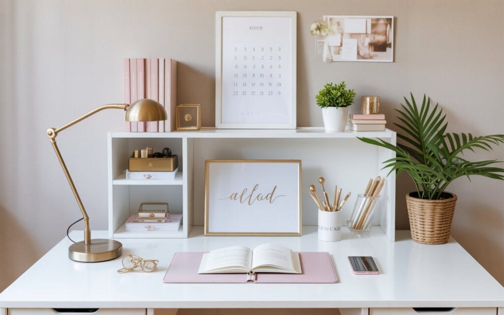 Clean white desk with minimal gold accents and organized workspace Clean white desk with minimal gold accents and organized workspace