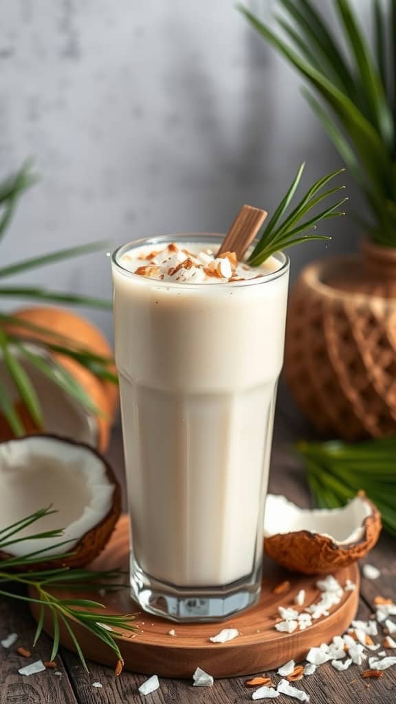 A glass of Coconut Cream Cold Brew topped with toasted coconut flakes, surrounded by coconut shells and palm leaves.