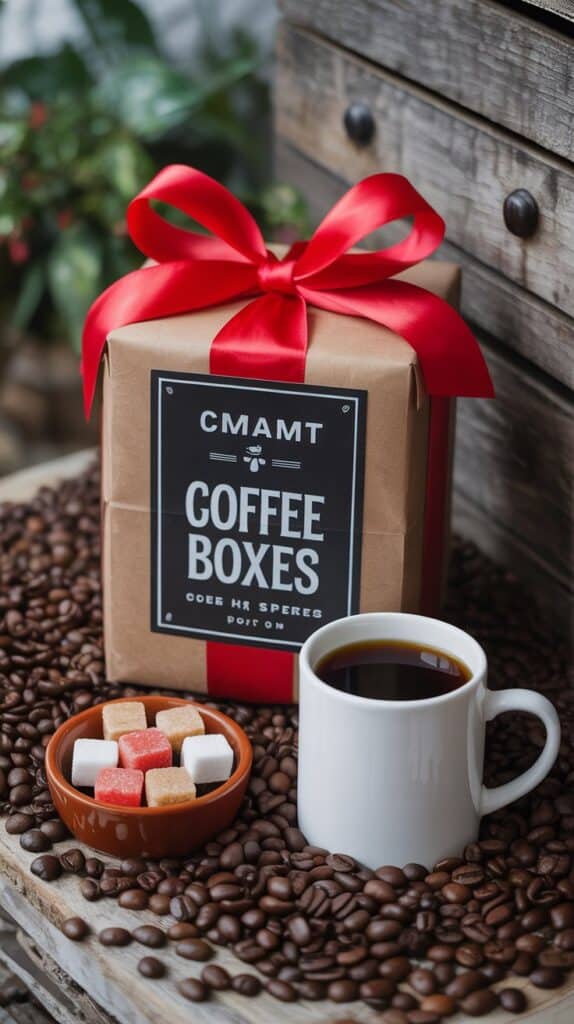 A brown gift box labeled "Coffee Boxes" with a bold black-and-white design and tied with a vibrant red ribbon, surrounded by coffee beans. In front of the box is a white mug filled with black coffee and a small bowl of colorful sugar cubes on a rustic wooden surface.
