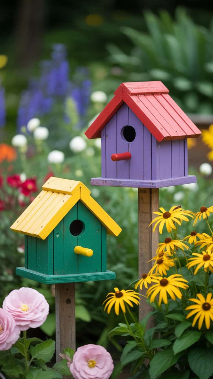 Colorful birdhouses surrounded by vibrant flowers in a garden setting