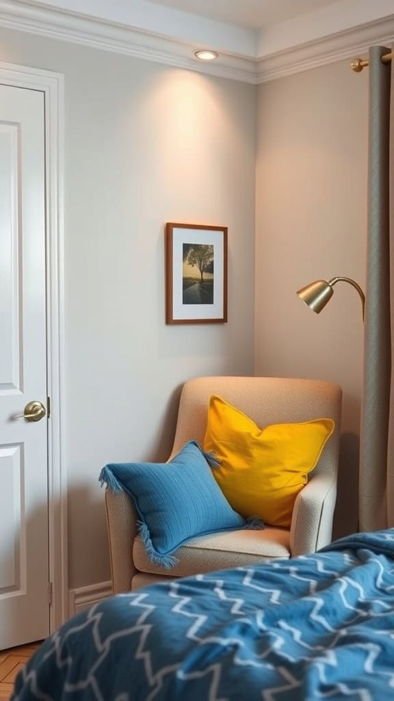 A cozy reading nook with a beige armchair, blue and yellow pillows, and warm lighting.