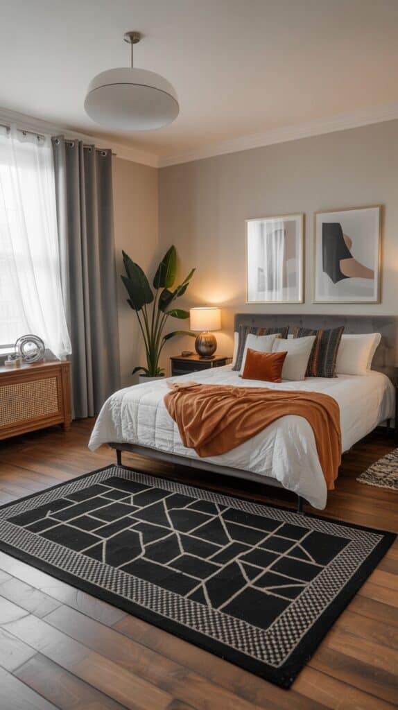 Cozy bedroom featuring a statement black rug with a geometric pattern on wooden flooring.