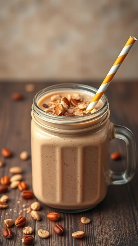 A creamy hazelnut coffee smoothie in a glass jar with a straw, topped with nuts.