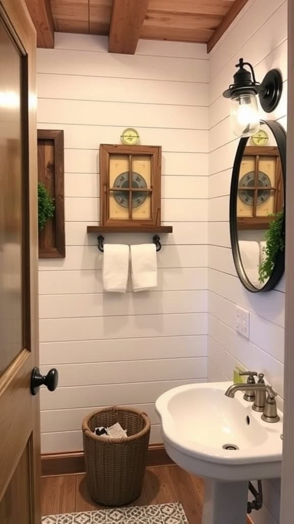 A rustic farmhouse bathroom with shiplap walls, wooden accents, and vintage decor.