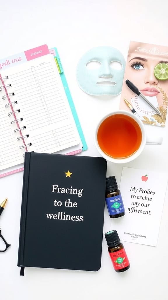 A cozy self-care setup featuring a planner, essential oils, tea, and a face mask.
