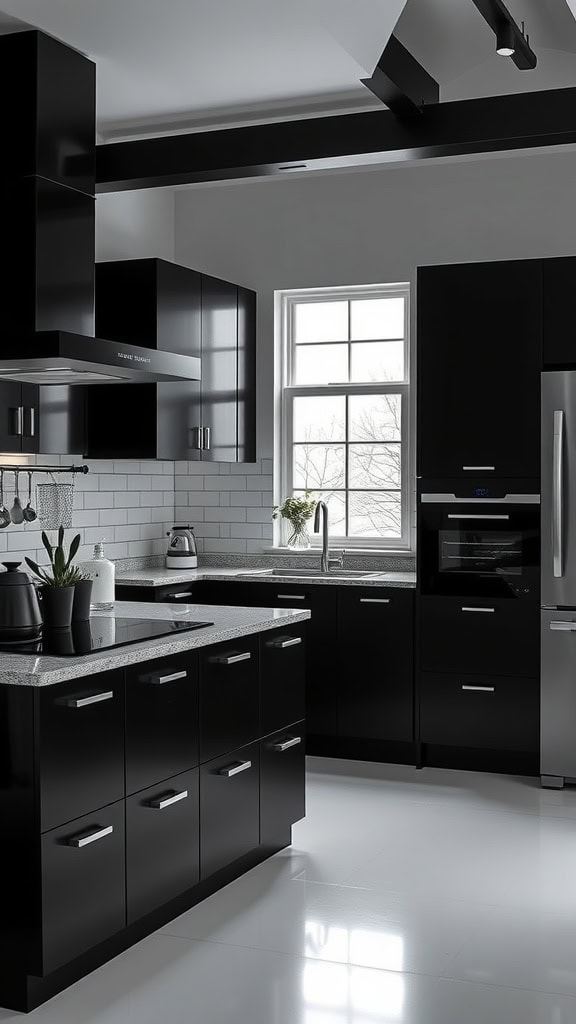 A modern black kitchen featuring black cabinets, a white tile backsplash, and natural light coming through a window.