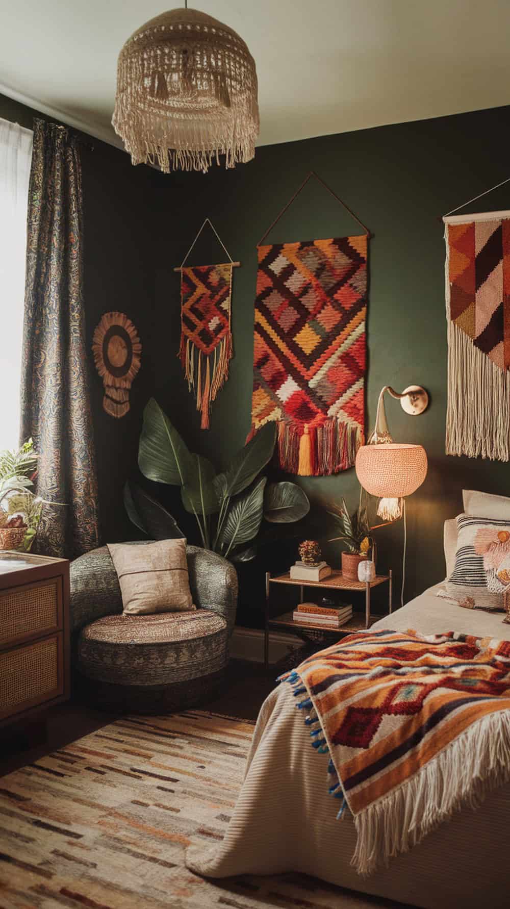 A dark green bohemian bedroom featuring woven wall hangings, a cozy chair, and plants.