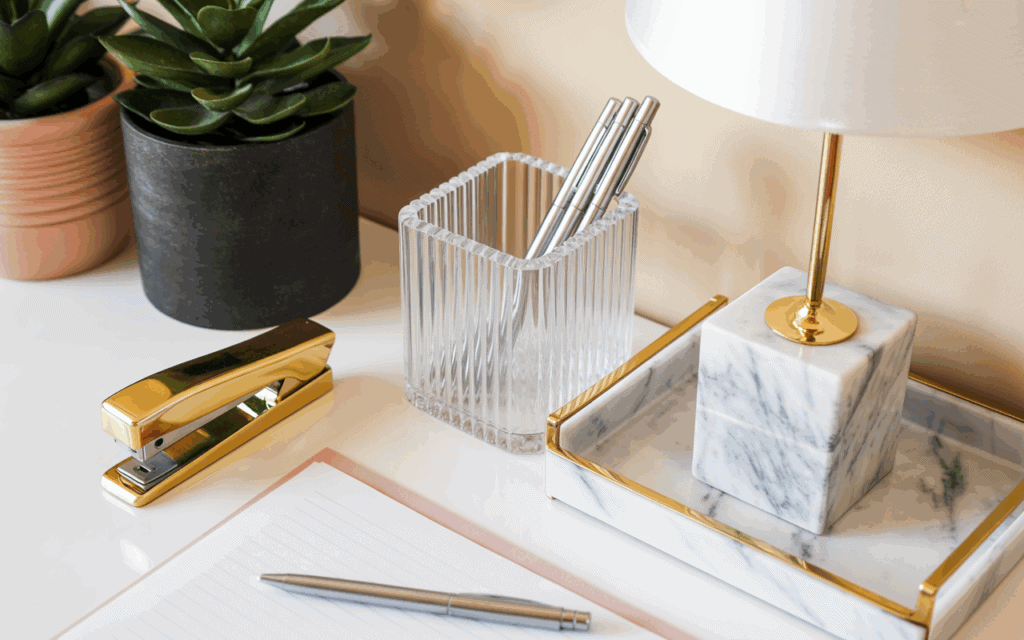 Glamorous desk accessories including gold stapler, acrylic pen holder, and marble paper tray Glamorous desk accessories including gold stapler, acrylic pen holder, and marble paper tray