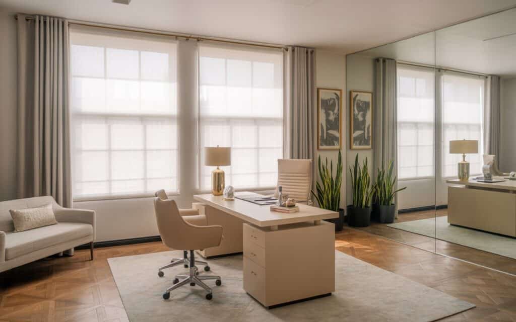 Glamorous office with large windows, sheer curtains, and strategic mirror placement Glamorous office with large windows, sheer curtains, and strategic mirror placement