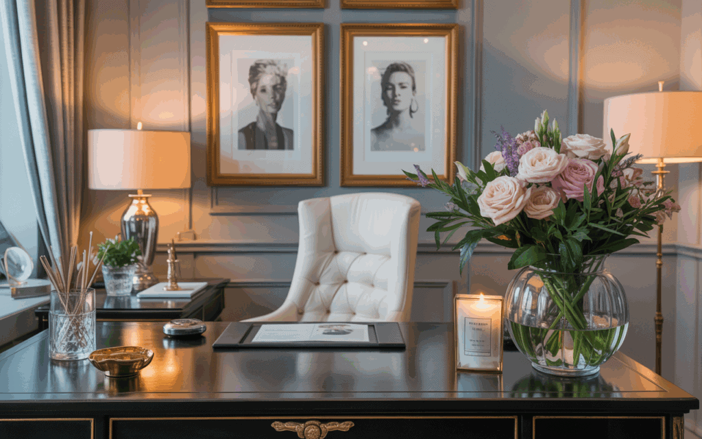 Glamorous office with personal touches including framed art, fresh flowers, and a scented candle Glamorous office with personal touches including framed art, fresh flowers, and a scented candle