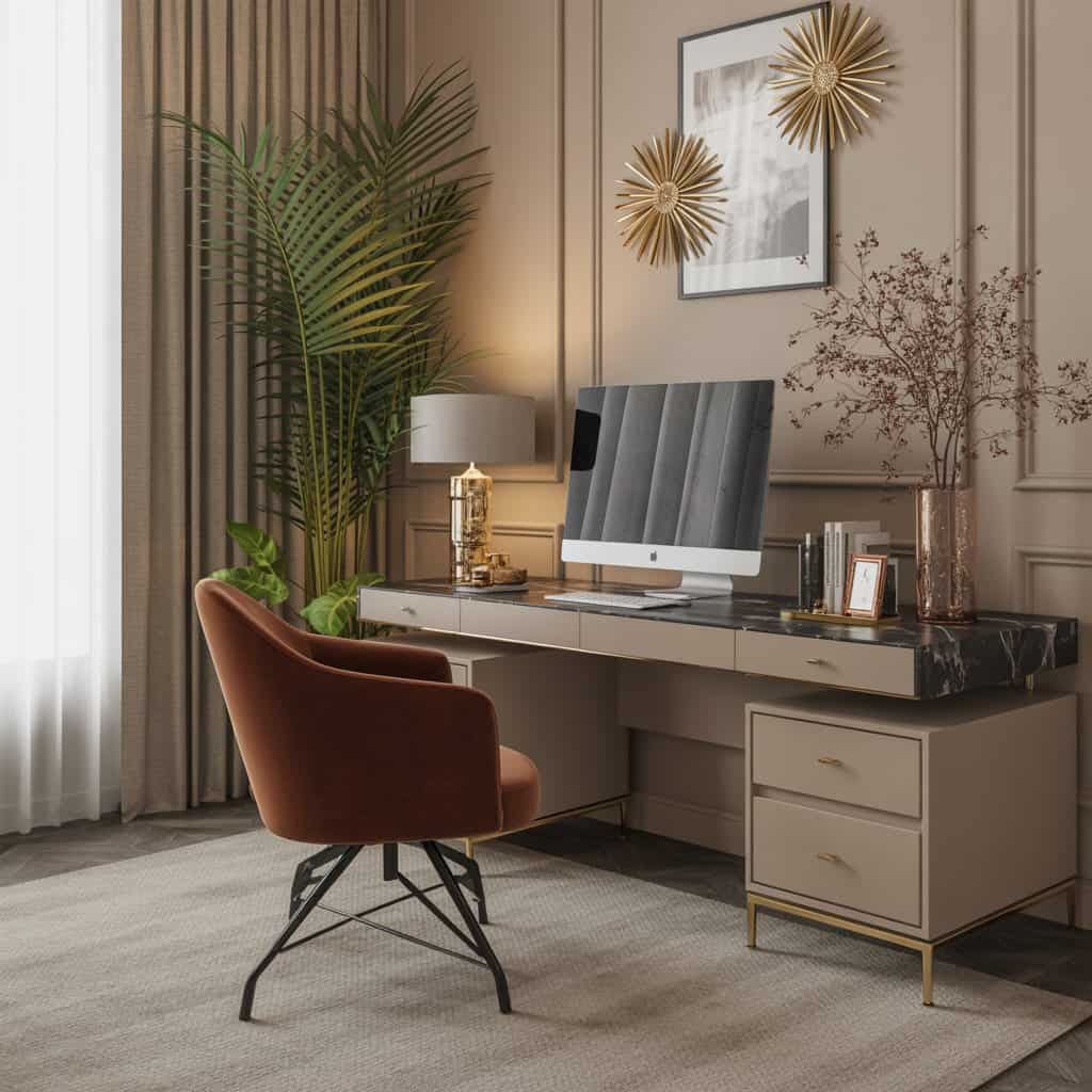 Glamorous office with various textures including velvet chair, gold accessories, and marble desk items Glamorous office with various textures including velvet chair, gold accessories, and marble desk items