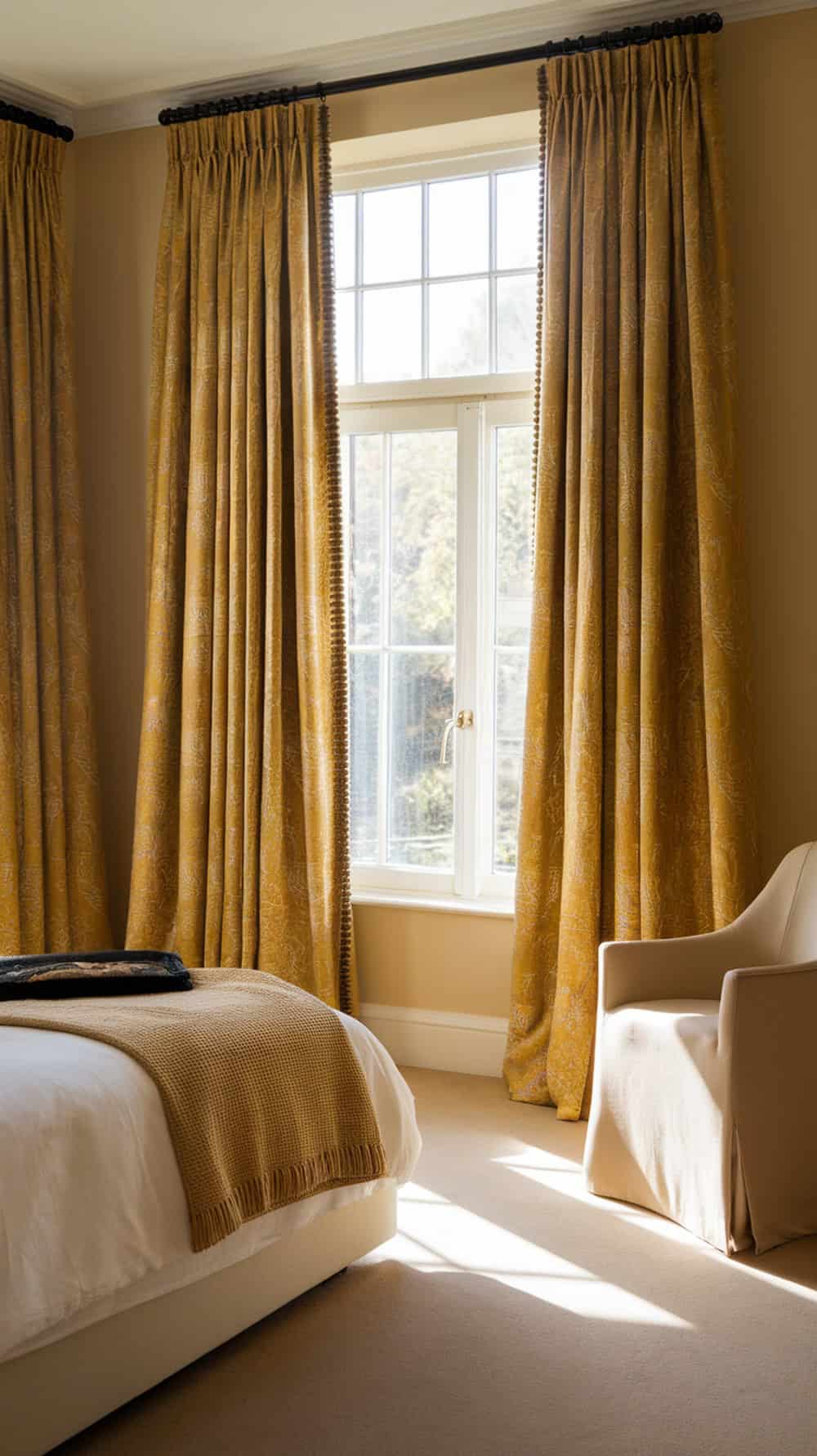 A bedroom featuring golden yellow curtains, a bed with a textured blanket, and a light-colored chair.