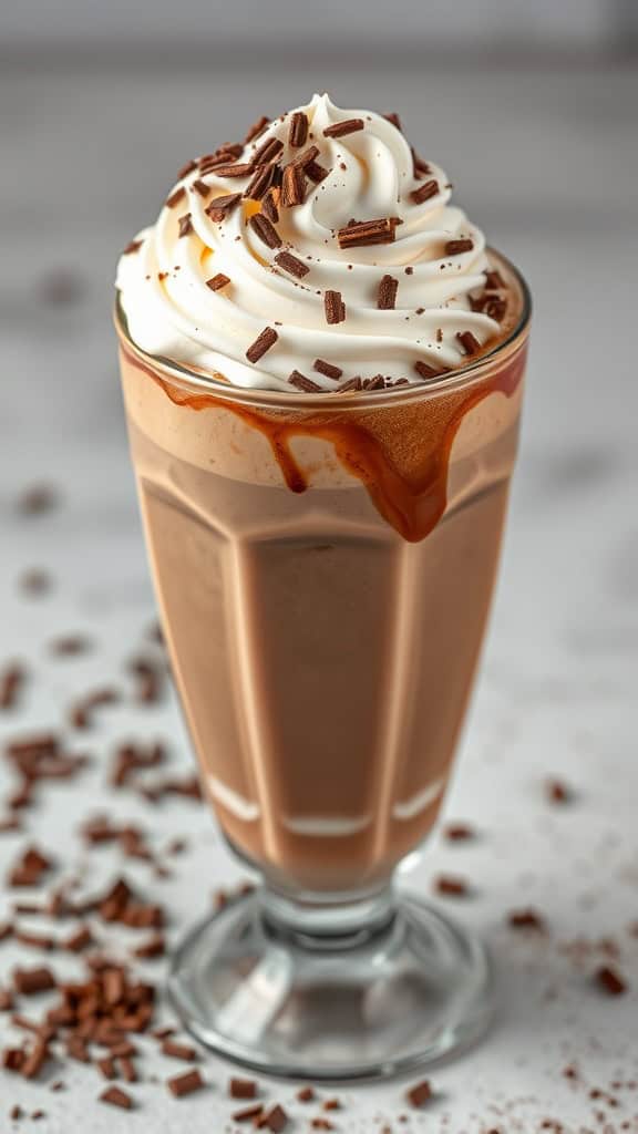 A delicious homemade mocha frappuccino topped with whipped cream and chocolate shavings.