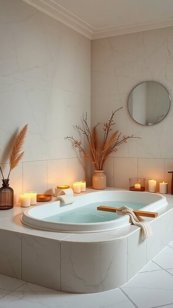 A serene bathroom with a soaking tub, candles, and decorative plants.