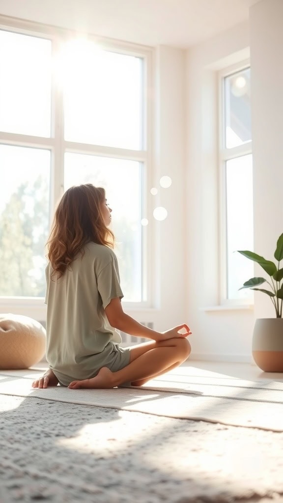 A woman meditating in a sunlit room, surrounded by plants and soft furnishings.