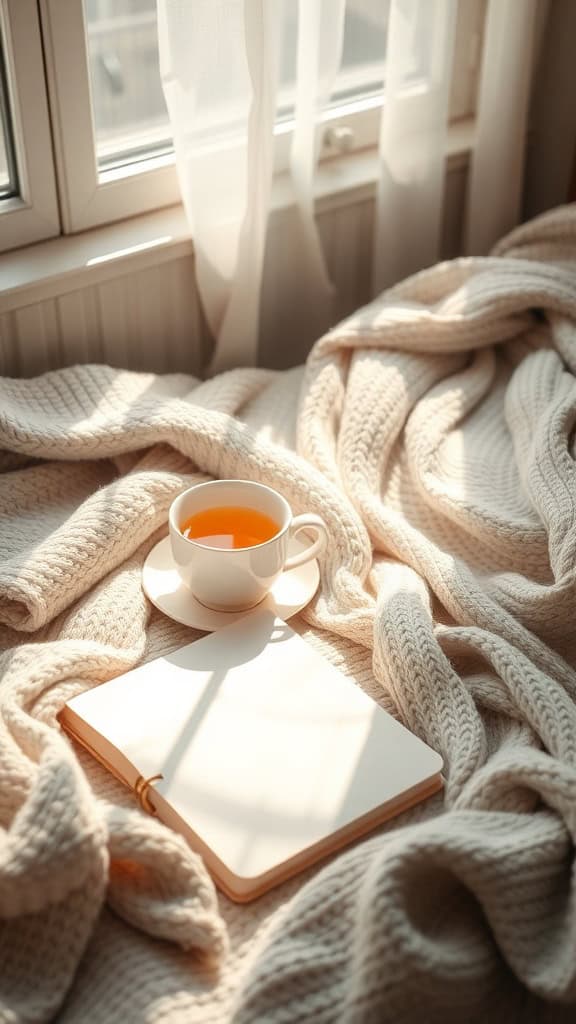 A cozy scene with a cup of tea and a blank notebook on a knitted blanket by a window.