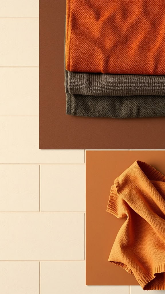 A selection of warm bathroom color fabrics including orange, brown, and neutral tones.