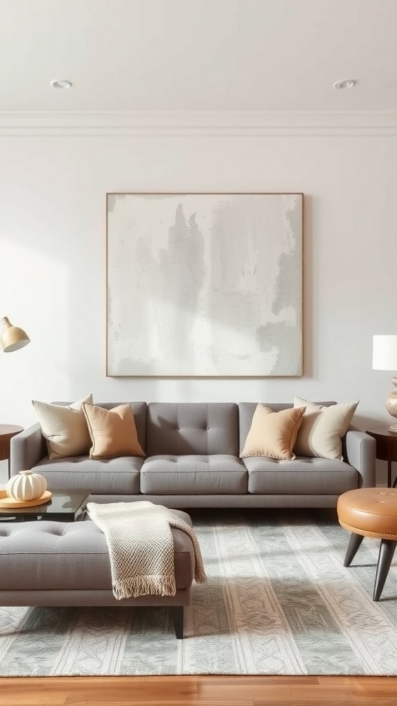 A stylish living room with a large piece of wall art above a gray sofa, showcasing a cozy and inviting atmosphere.