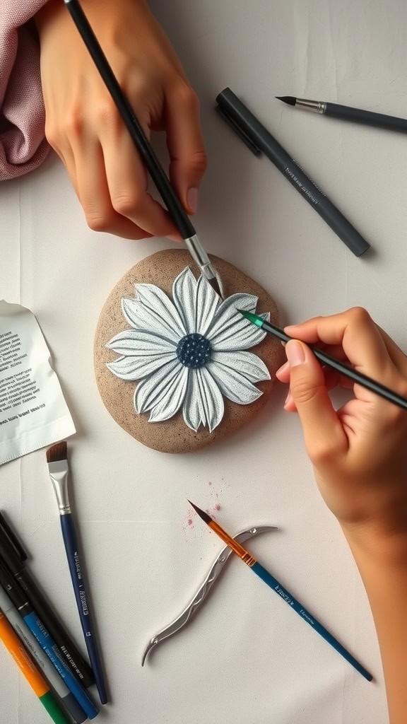 A person painting a flower on a rock with various paintbrushes and tools around.