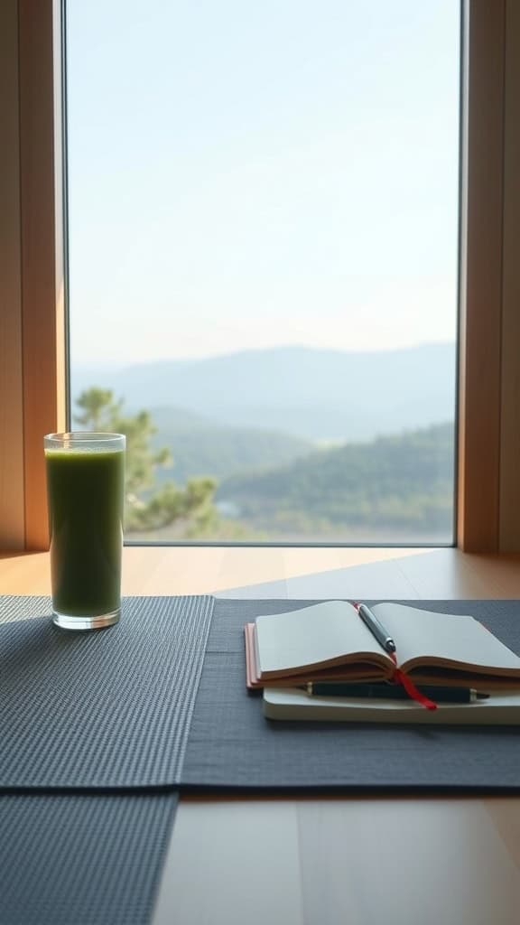 A refreshing green drink next to an open notebook and pen, with a mountain view in the background.