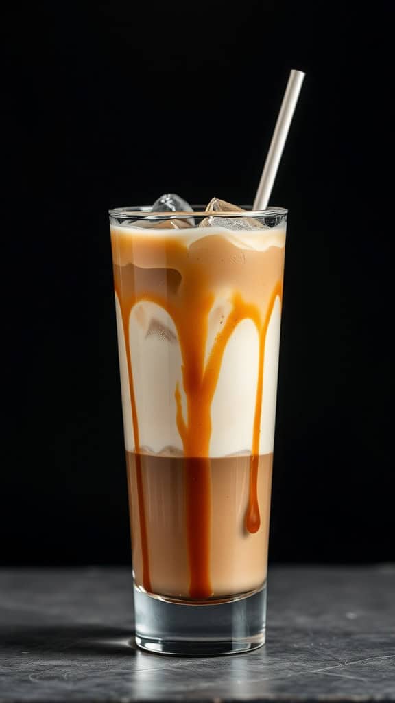 A glass of Iced Caramel Macchiato with caramel drizzled on top.
