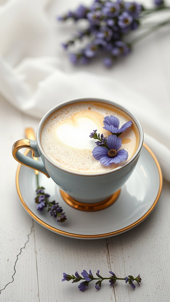 A beautifully crafted Lavender Honey Latte in a delicate cup, garnished with lavender flowers.