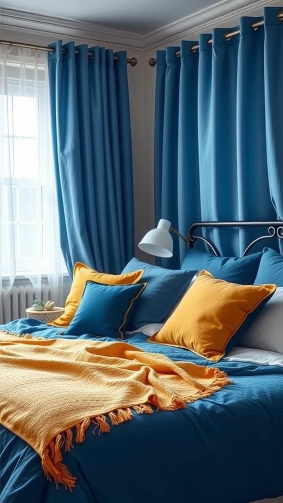 A blue and yellow themed bedroom with layered textures, featuring blue curtains, bedding, and yellow throw pillows.