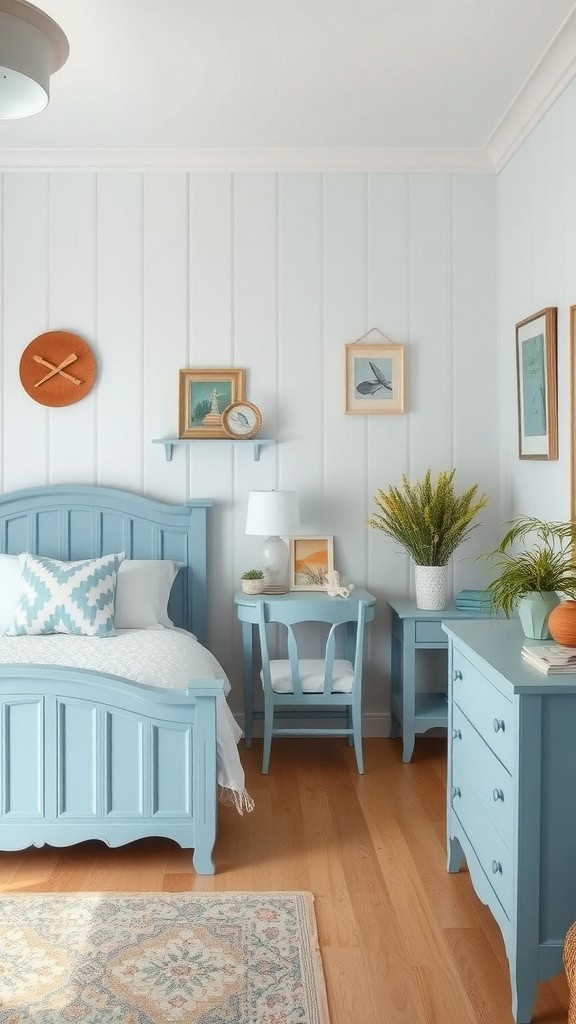A coastal bedroom featuring light blue painted furniture, including a bed, nightstand, and dresser, with decorative elements.