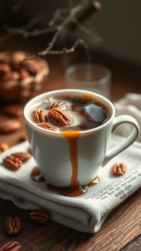 A cozy cup of Maple Pecan Coffee Brew with pecans on the side.