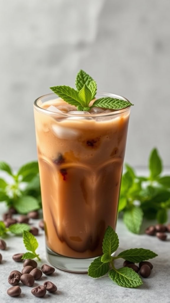 A glass of Minty Mocha Iced Coffee garnished with mint leaves, surrounded by coffee beans.