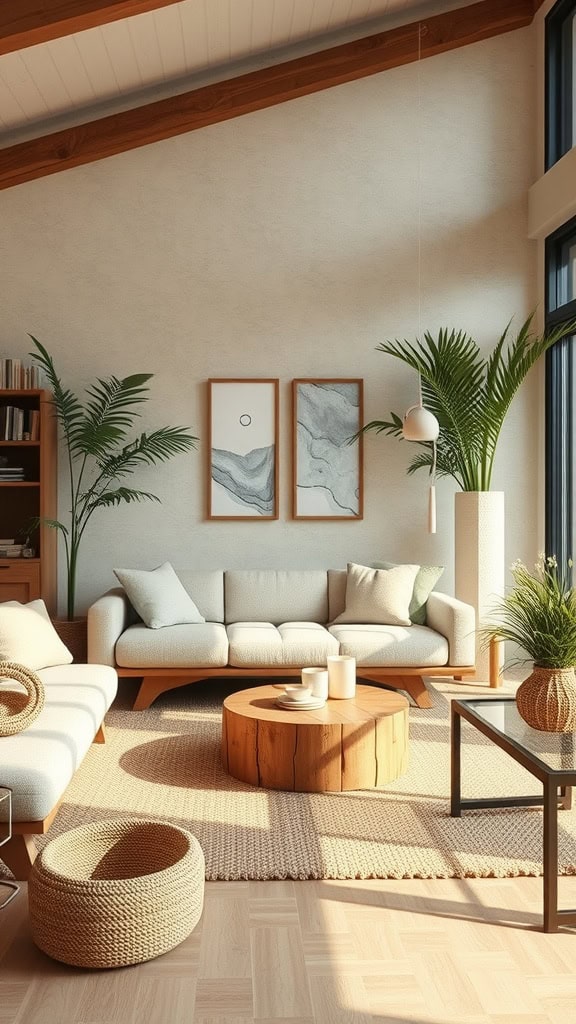 A cozy living room with a nature-inspired palette featuring a light sofa, wooden coffee table, plants, and artwork.