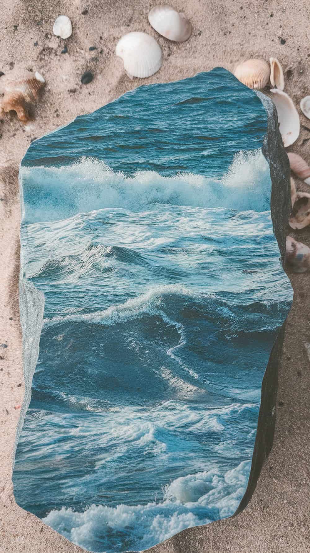 A painted rock resembling ocean waves, surrounded by seashells on sandy beach.