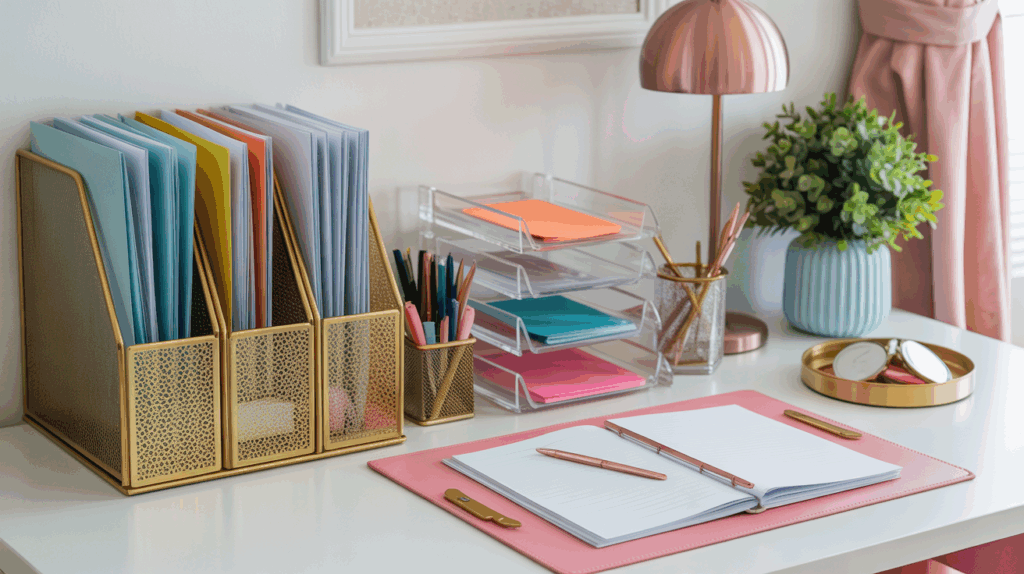 Organized glamorous desk with gold file holders, acrylic organizers, and color-coordinated supplies Organized glamorous desk with gold file holders, acrylic organizers, and color-coordinated supplies