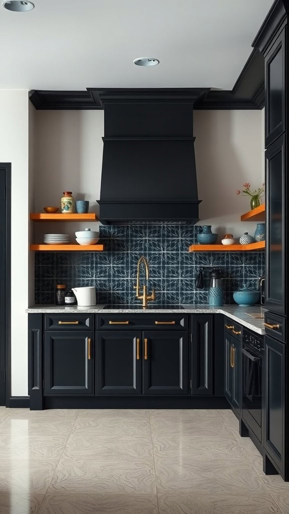 A modern black kitchen with peacock blue accents and stylish decor.