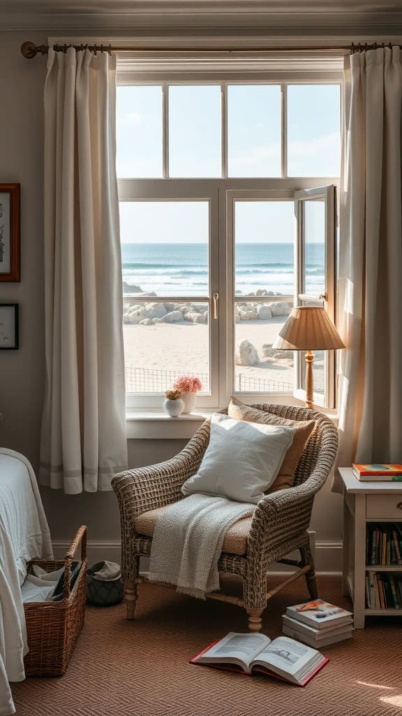 A cozy reading corner with a wicker chair, soft cushions, and a beach view through the window.