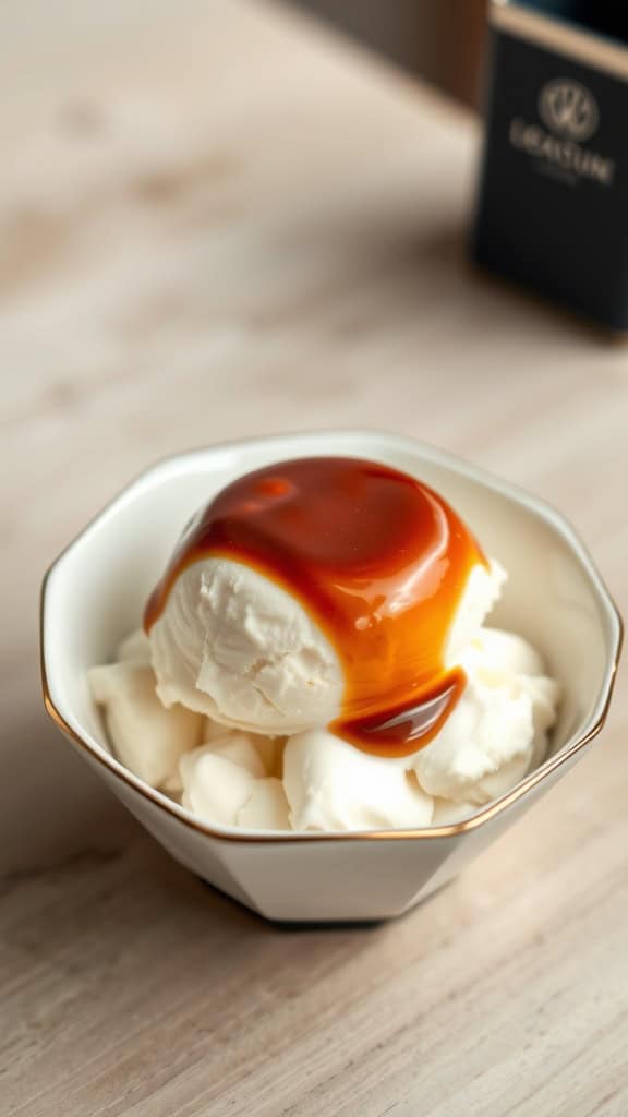 A bowl of vanilla ice cream topped with hot espresso and caramel sauce.
