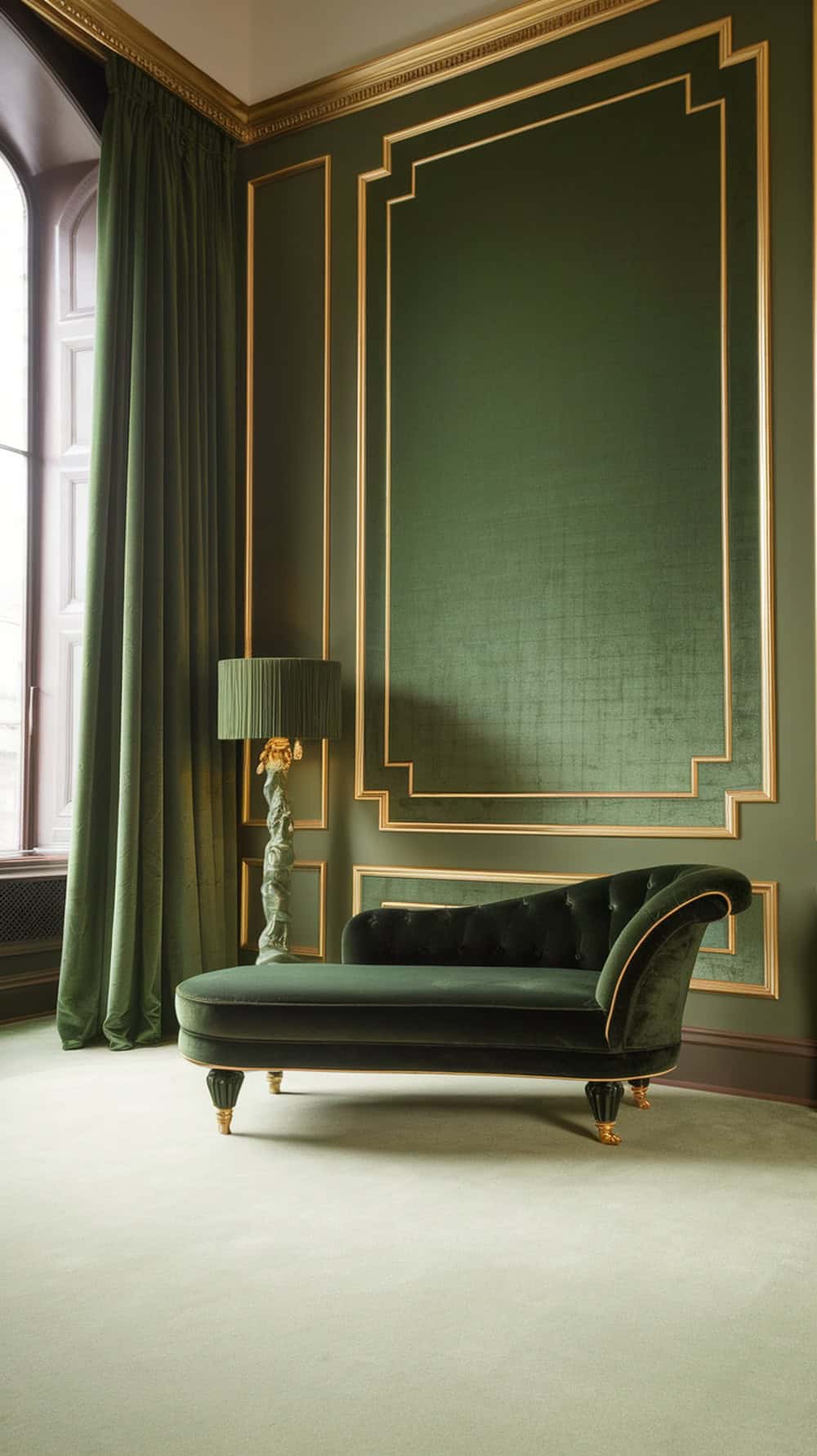 A luxurious bedroom featuring rich green walls, a plush green chaise lounge, and gold accents.