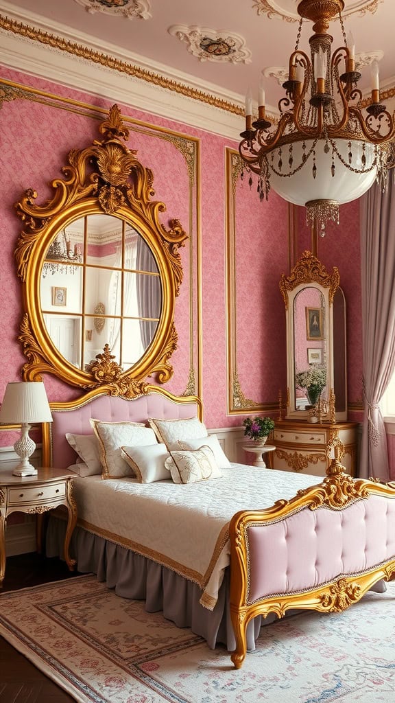 A beautifully decorated Rococo bedroom featuring pink walls, a golden bed frame, and an ornate chandelier.