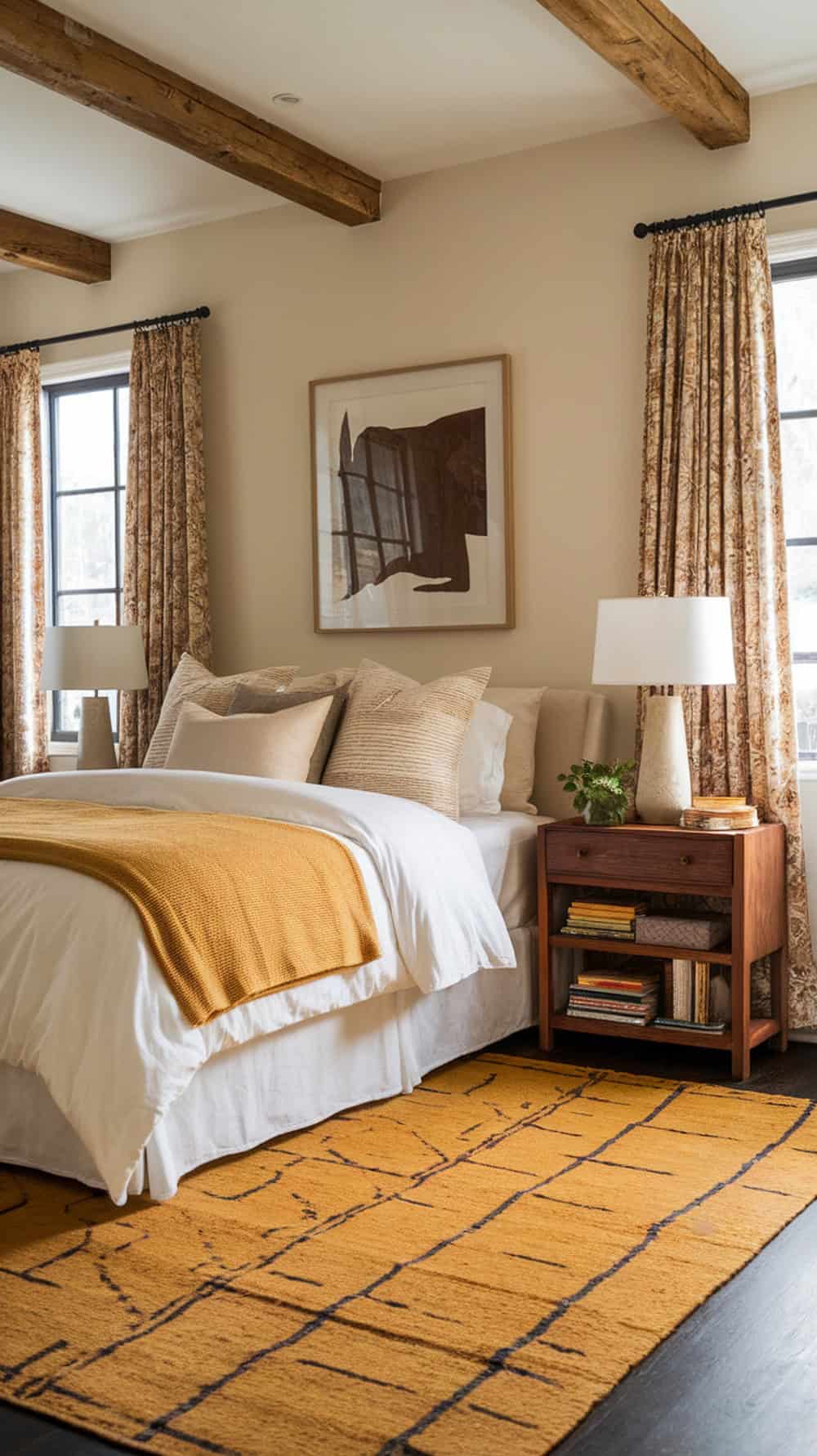 A cozy bedroom featuring a saffron yellow area rug, neutral bedding, and wooden accents.