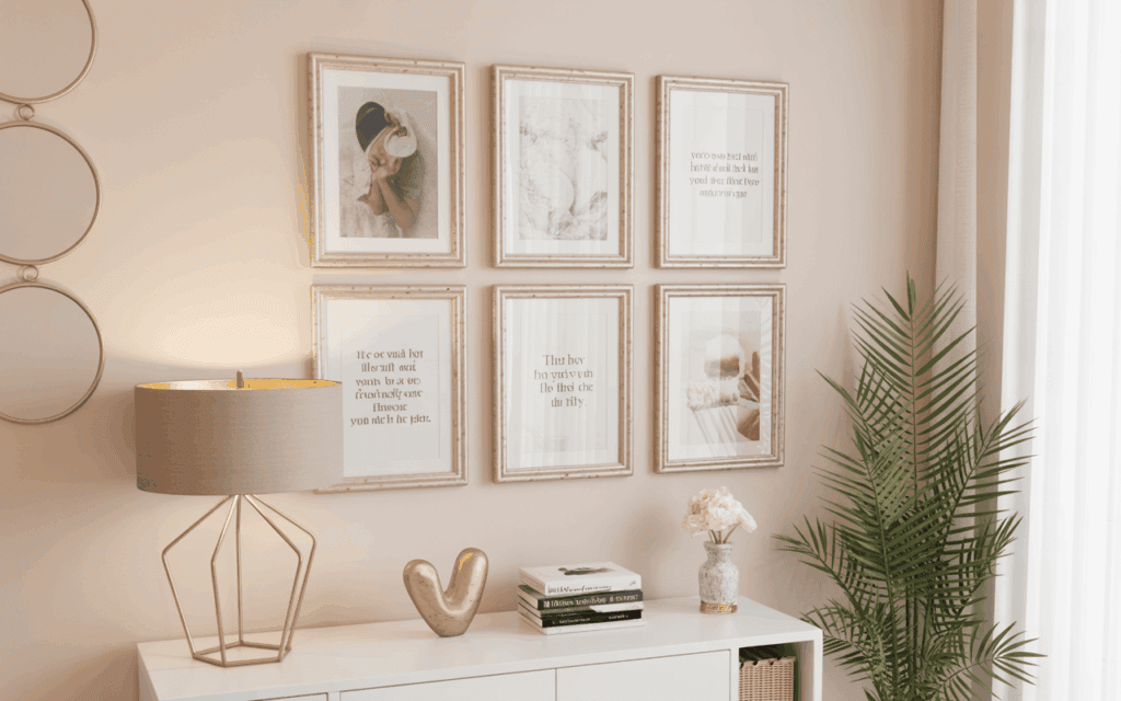 Small gallery wall with gold frames and inspirational art prints Small gallery wall with gold frames and inspirational art prints