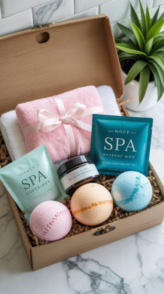 Spa gift box with bath bombs, skincare packets, a cream jar, and ribbon-wrapped towels on a marble surface.