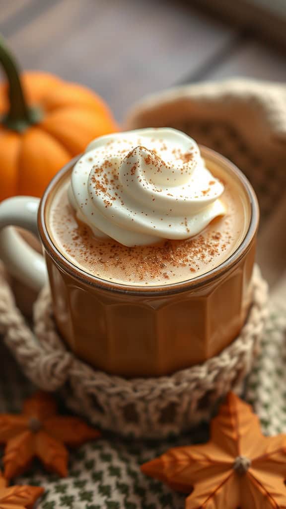 A cozy spiced pumpkin spice latte topped with whipped cream and sprinkled with pumpkin pie spice, surrounded by autumn decorations.