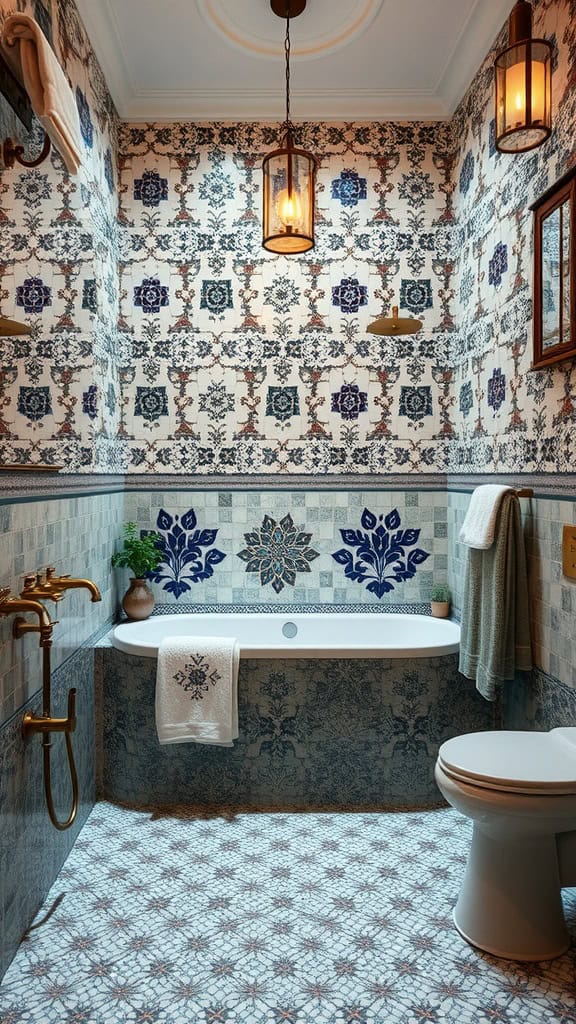 A beautifully decorated bathroom featuring intricate Turkish tiles, a freestanding tub, and warm lighting.