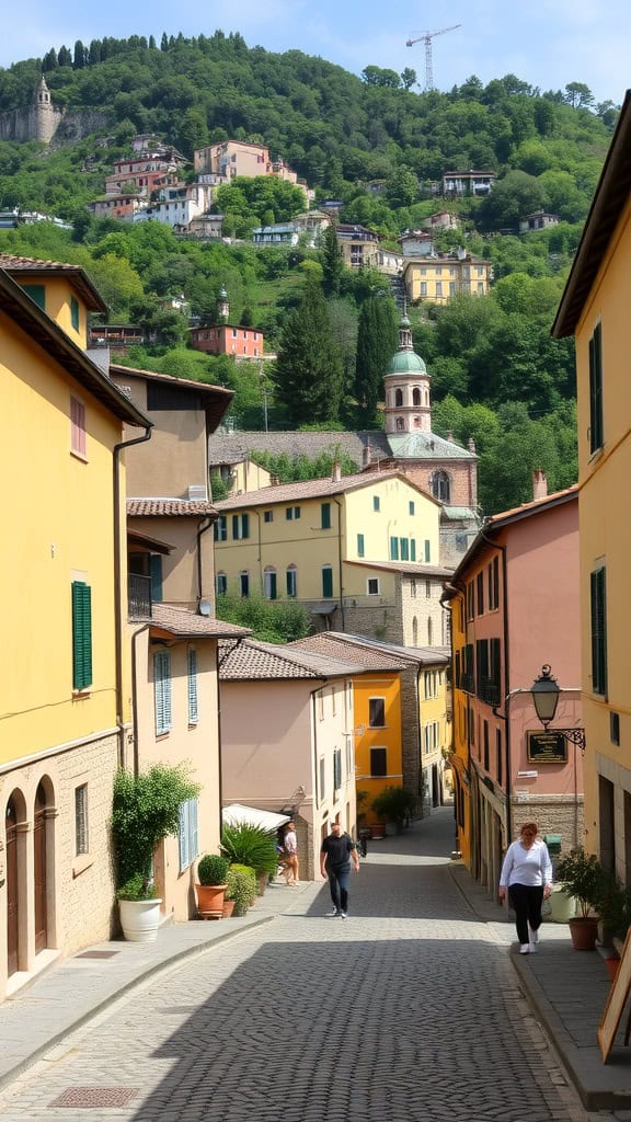 A charming street in Italy with colorful buildings and a green hillside.