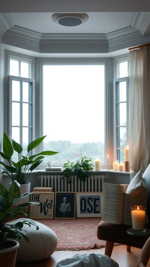 A cozy corner with large windows, plants, candles, and books, creating a serene atmosphere.