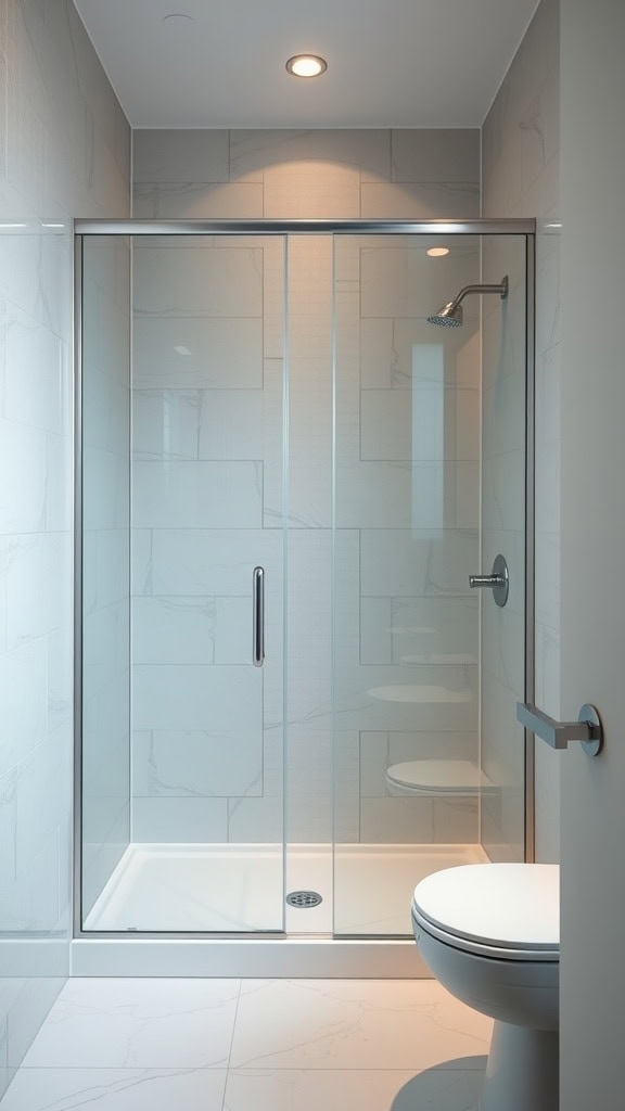A modern bathroom with a clear glass shower enclosure, featuring light-colored tiles and a minimalist design.