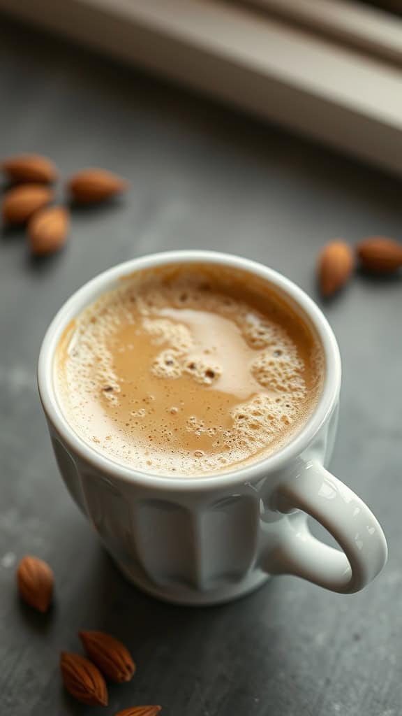 A cup of Vanilla Almond Milk Cappuccino with almonds scattered around