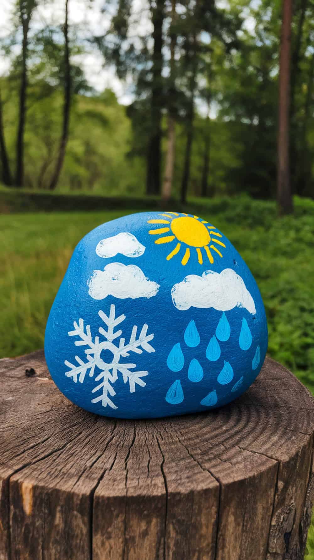 A painted rock displaying weather elements like the sun, clouds, rain, and snowflakes.
